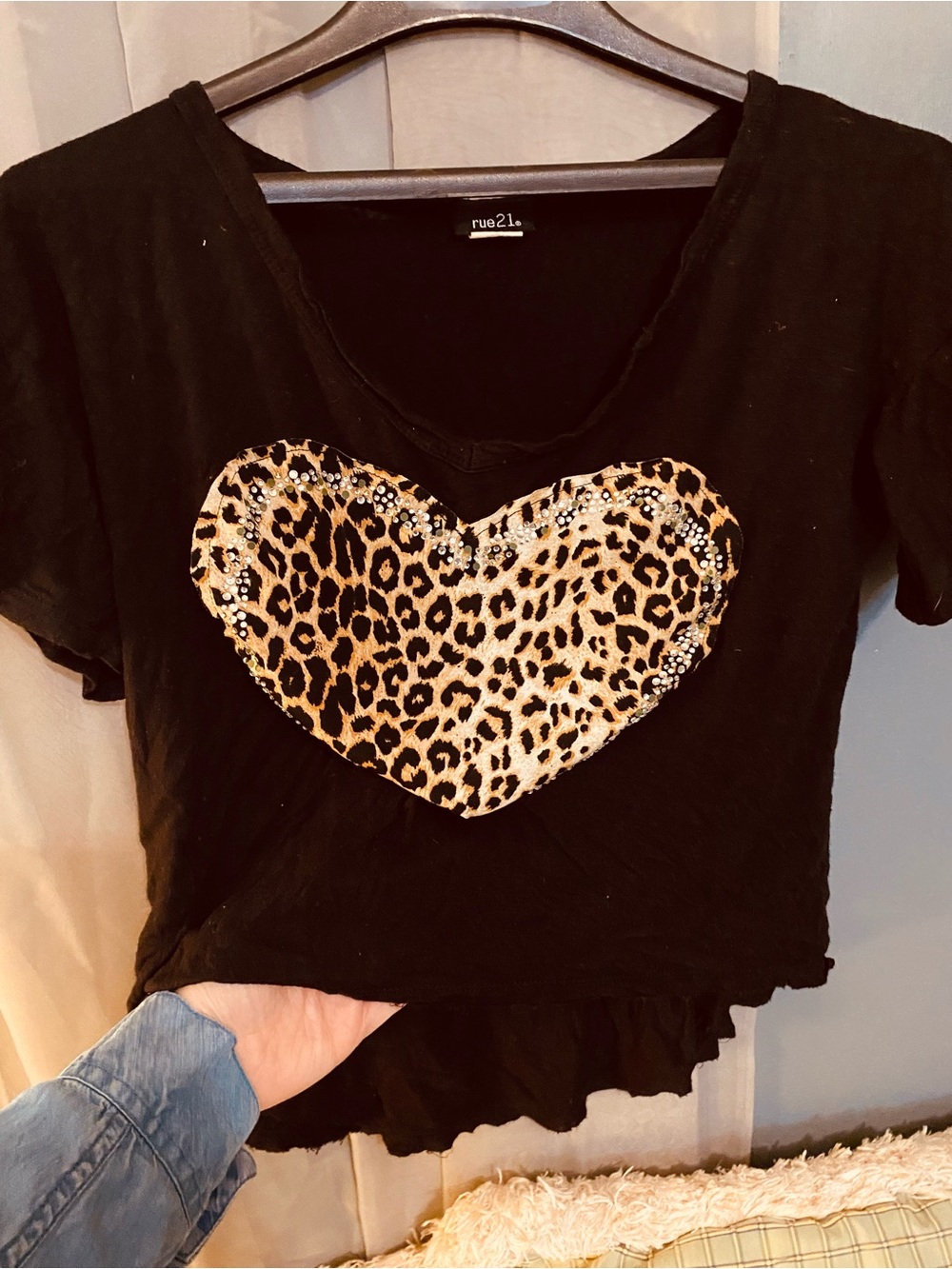rue21 Black Tee with Leopard Heart and Rhinestones